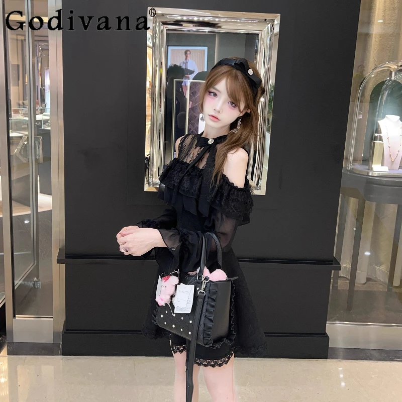 

Черное элегантное милое платье Лолиты для женщин, оригинальное новое прозрачное кружевное платье принцессы, женское летнее платье с рюшами и бантом