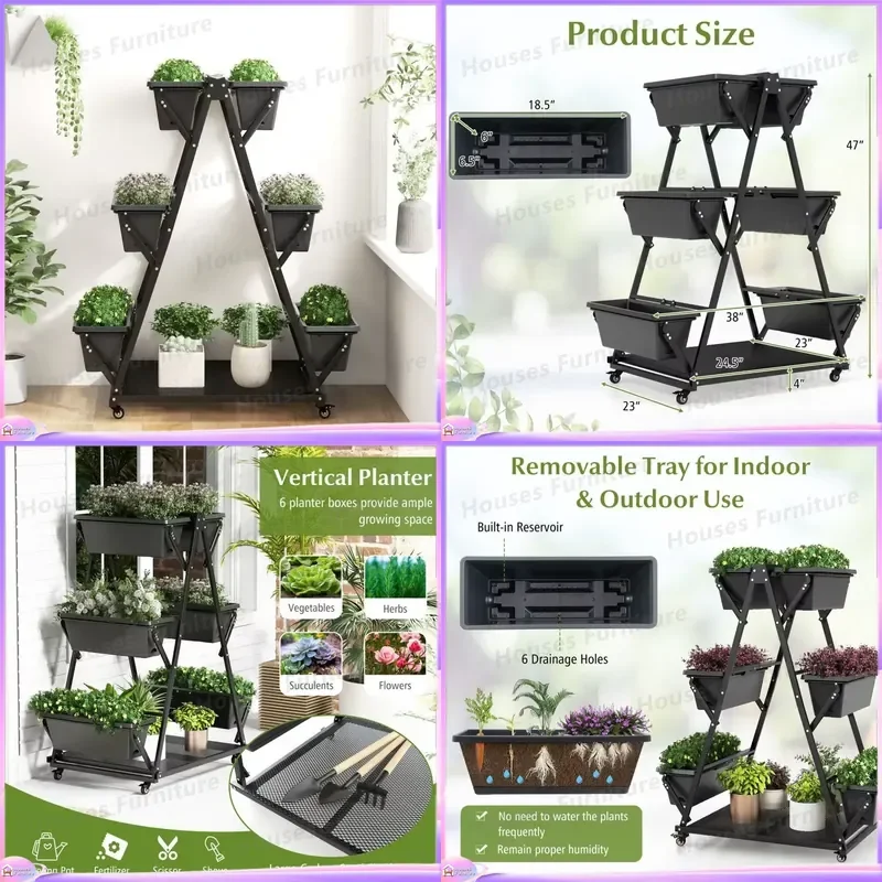 3 Tier Vertical Planter Box with Wheels Elevated Garden Pot Stand 6 Container Flower Plant Growing Rack Outdoor Indoor Decor