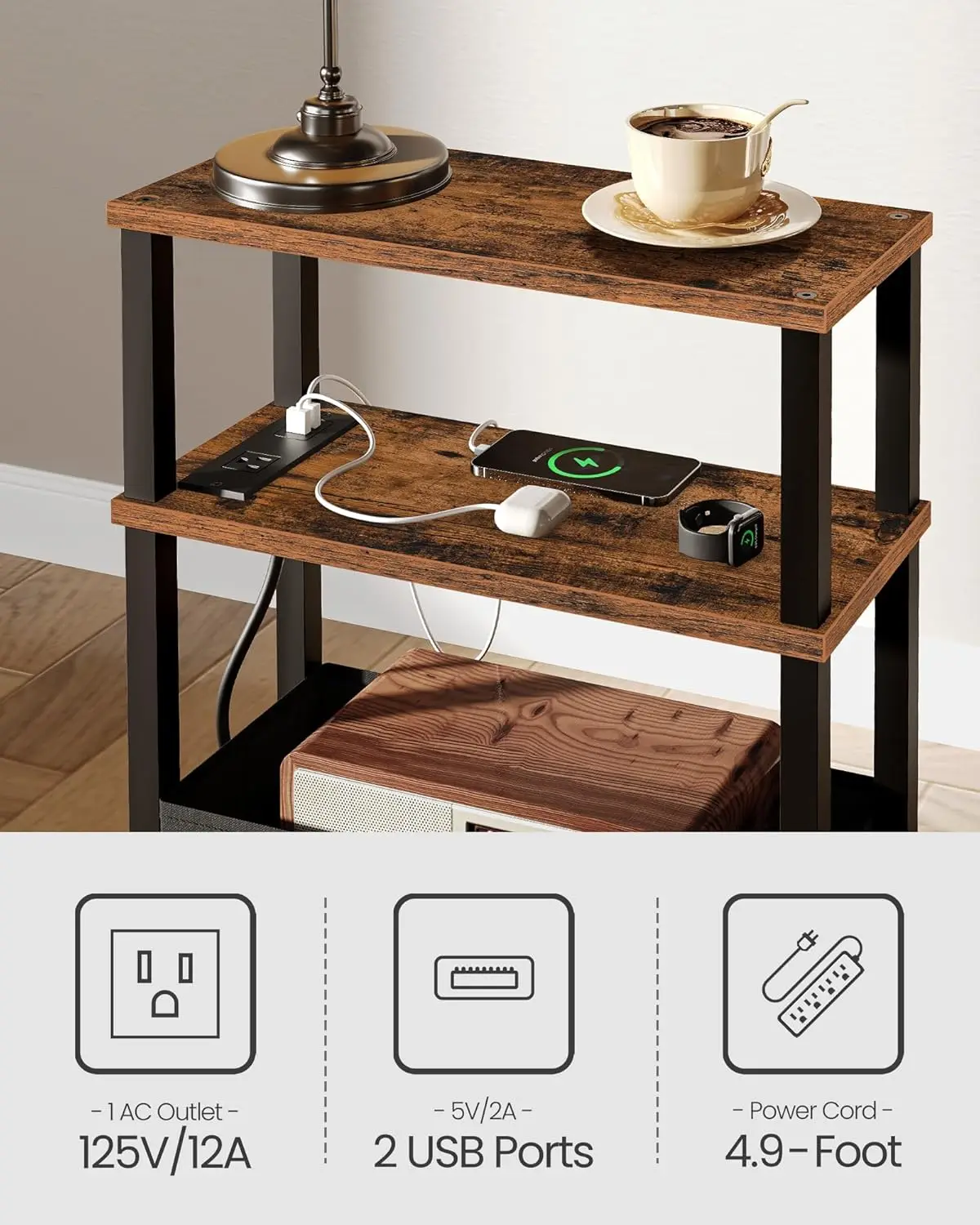 Small Narrow Side Table with Charging Station, Skinny End Table with Fabric Basket, Slim Nightstand for Small Spaces, Sofa Si