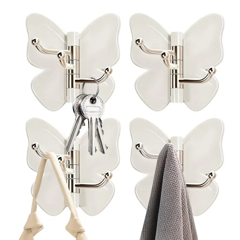 4pcs White Rotatable Butterfly Triple No-Drill Wall Adhesive Hooks - Butterfly Rotating Sticky Storage Rack - No-Drill Wall Hook