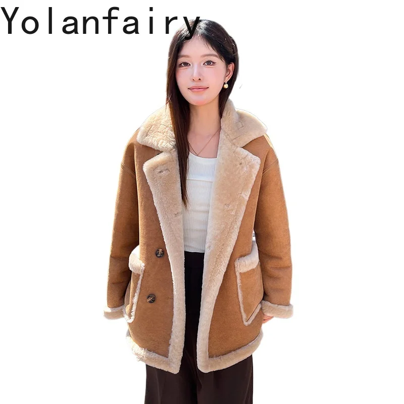 

YOLANFAIRY Natural Merino Sheep Fur Coat Woman Winter Warm Real Lamb Fur Jackets Women Clothing Genuine Leather Suede Jacket