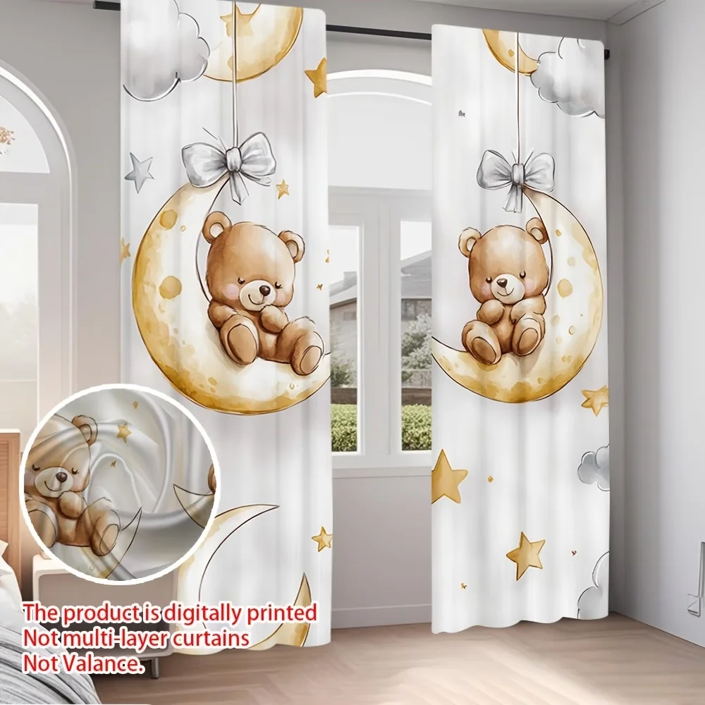 2PCS Digital Printing Curtains with Cartoon Teddy Bear on Moon, Stars Clouds Bows Pattern, Watercolor Kids Bedroom Decor Style