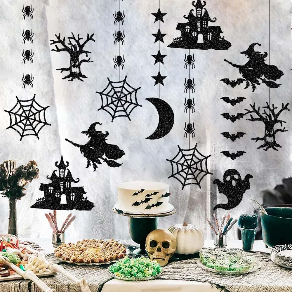6 Stück Halloween-Hängebanner, Girlande, gruselige Spinne, Hexe, Geist, Fledermaus, Anhänger, Ornament, fröhliche Halloween-Party-Dekorationen für Zuhause – Detail 2