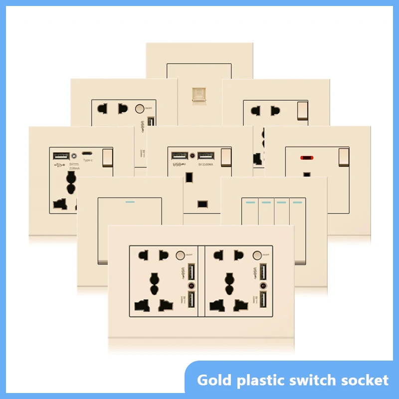 

Gold UK 13A Wall Socket with USB Type C 18W Quick Charge Plug Socket,power outlet with USB charger, International General Socket