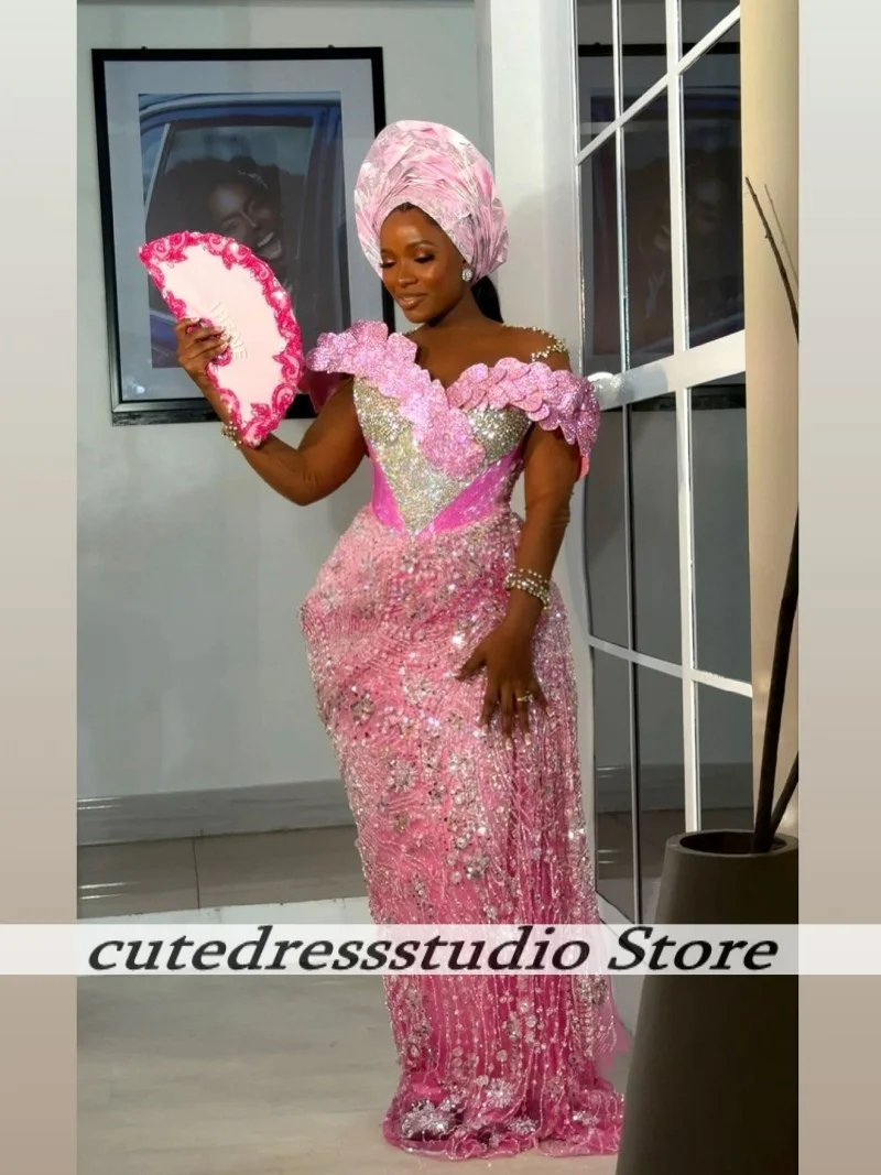 Robe de soirée sirène rose scintillante, avec des appliques de paillettes, manches transparentes, longue robe de soirée de mariage, robes de bal Aso Ebi personnalisées