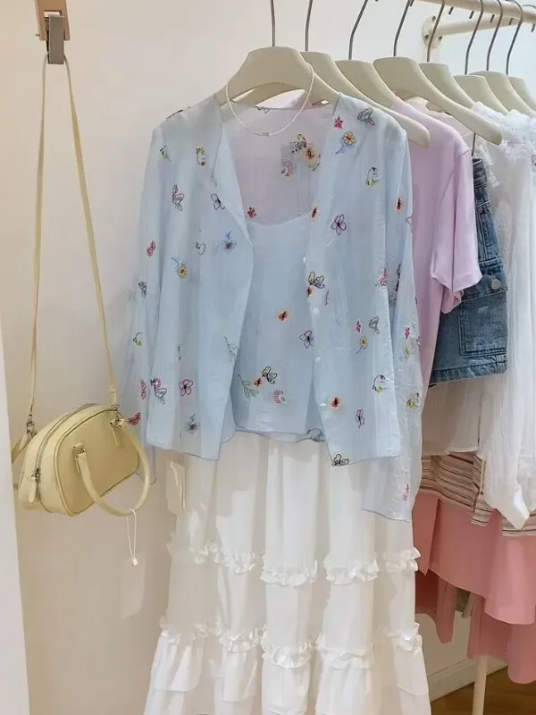 

Summer Gentle Wind Thin Embroidered Flower Women's Set Sweet Sunscreen High-End Lightweight Two-Piece Sleeveless Cardigan