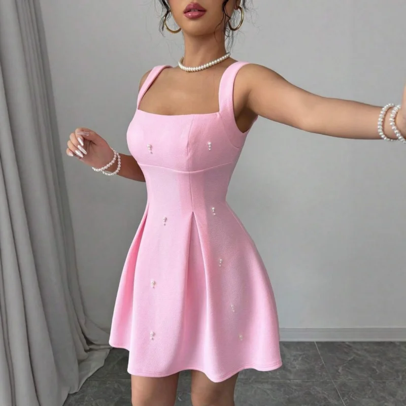 2025 Summer Women Elegant Pink Suspender A-Line Dress Square Neck Slimming With Pearl Decoration Women's Sweet Party Dress