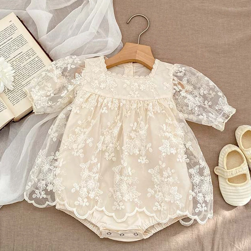 

Summer Children Clothes Toddler Baby Girls Jumpsuit Short Sleeved Cotton Embroidery Lace Stitching Infant Baby Girls Bodysuits