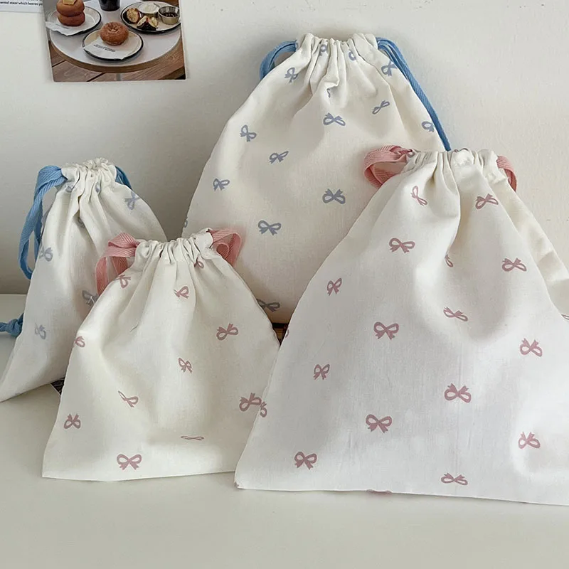 Pink Blue Bow Pattern Cotton Drawstring Pouch Soft Fabric Wash Bag Multi-size Sundries Storage Bag for Student Daily Travel Use