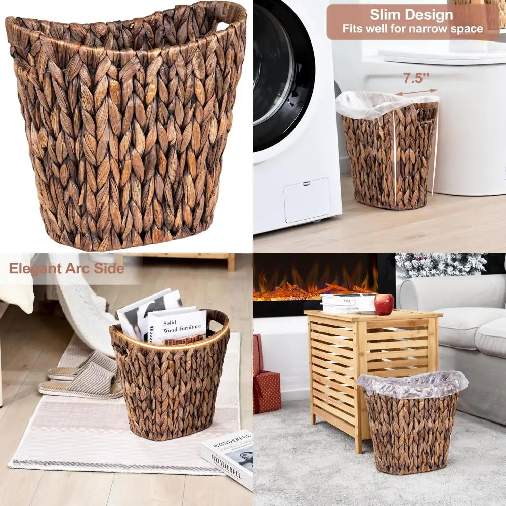

Handcrafted Water Hyacinth Wastebasket with Handle, Brown Wicker Bin for Home, 13 x 7.5 x 12.2
