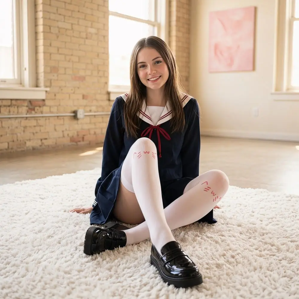 Comfortable Printed Design Kawaii Stockings Cute Expression JK Lolita Thigh High Stockings Cat Ear Knee High Socks Coser