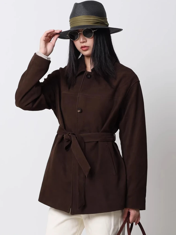 

Vintage Genuine Leather Windbreaker Jackets Women Spring Autumn High-end Simple Casual Loose Real Goatskin Suede Coat with Belt