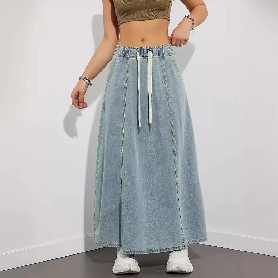 

Denim Skirts Women Elastic Drawstring Waist Retro Long Skirt Spring Summer Autumn Clothing Streetwear Big Swing Cowboy Skirts