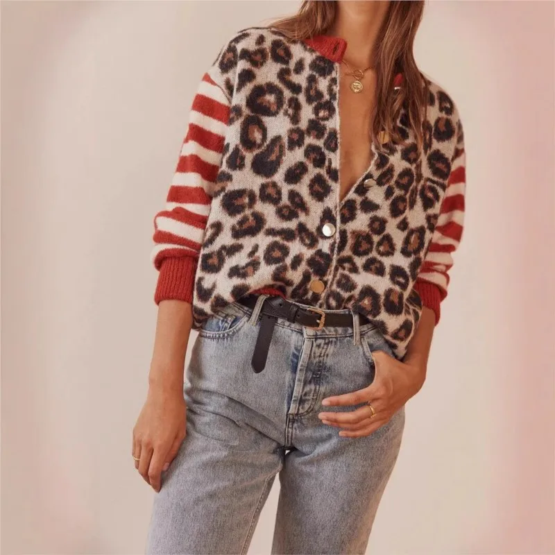

Women Open Front Leopard Cardigan Knitted Coat Cheetah Print Tops Crew Neck Patchwork Sweater Cardigan Female Autumn Jacket New