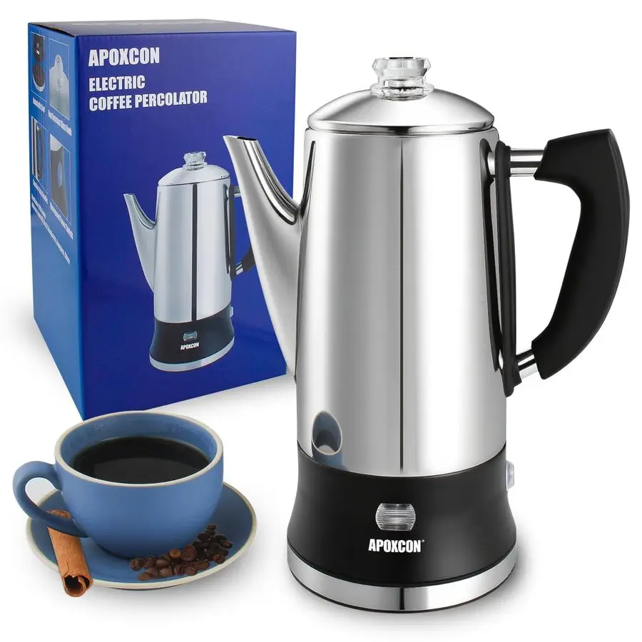 

Electric Coffee Percolator Stainless Steel Coffee Maker with Clear Brew Progress Tough Glass Knob and On OFF Switch Classic Cof