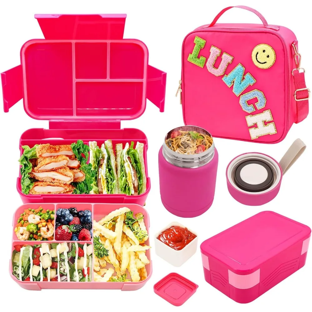 

Bento Lunch Box Set for Kids with 10oz Thermo Food Jar, Leak-Proof Lunch Containers with 6 Compartment, Nylon Preppy Lunch Bag w