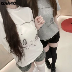 Women Japanese White Cartoon Print Kawaii Graphic Casual Loose Streetwear Grunge T Shirts Y2k Aesthetic Summer Harajuku Tops