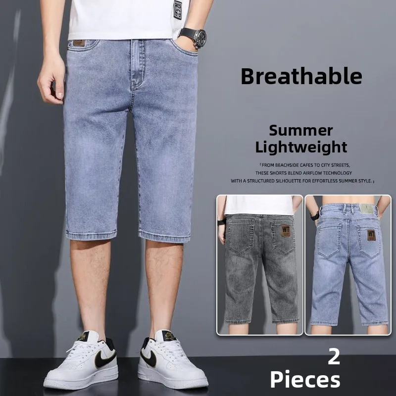 

Мужские летние тонкие прямые джинсы с эластичной талией, повседневные, свободного кроя, со средней посадкой, модные, дышащие, из денима