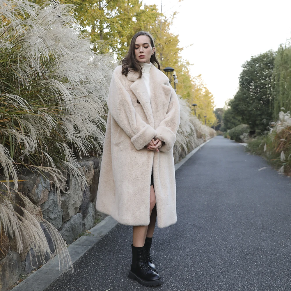 JANEFUR Faux Fur Coat Long Women Fashion Imitation Mink Fur Overcoat Thick Warm Winter Outerwear