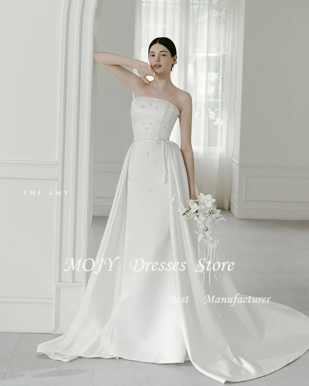 Mojy Abiti da sposa senza spalline personalizzati senza maniche in raso con perline Abiti da sposa con spacco laterale piuttosto bianco Sposa da donna