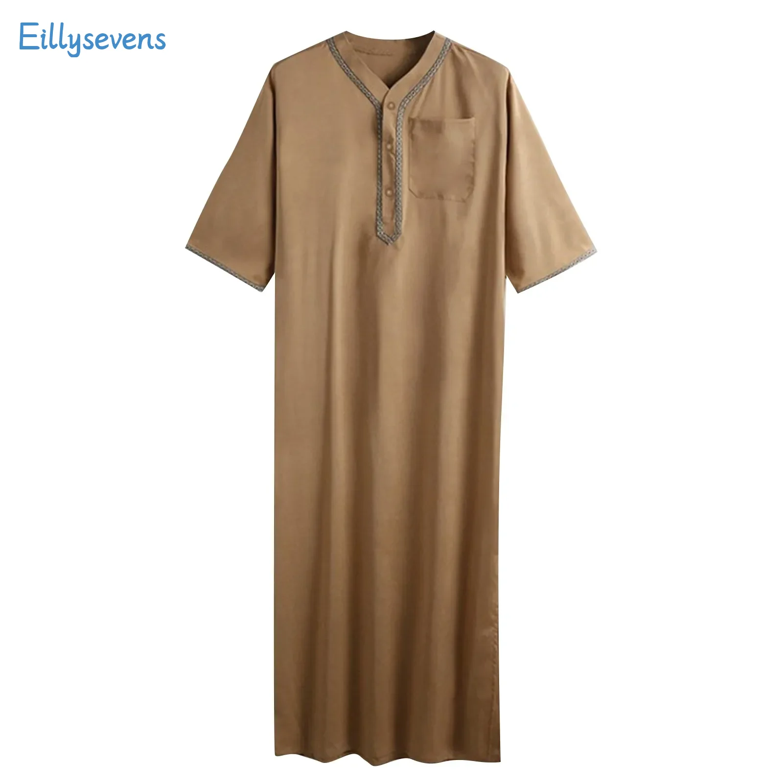 

Summer Men'S Muslim Clothing Simple Solid Color Patchwork Button V-Neck Loose Robe Daily Casual All-Match Straight Jubba Thobe