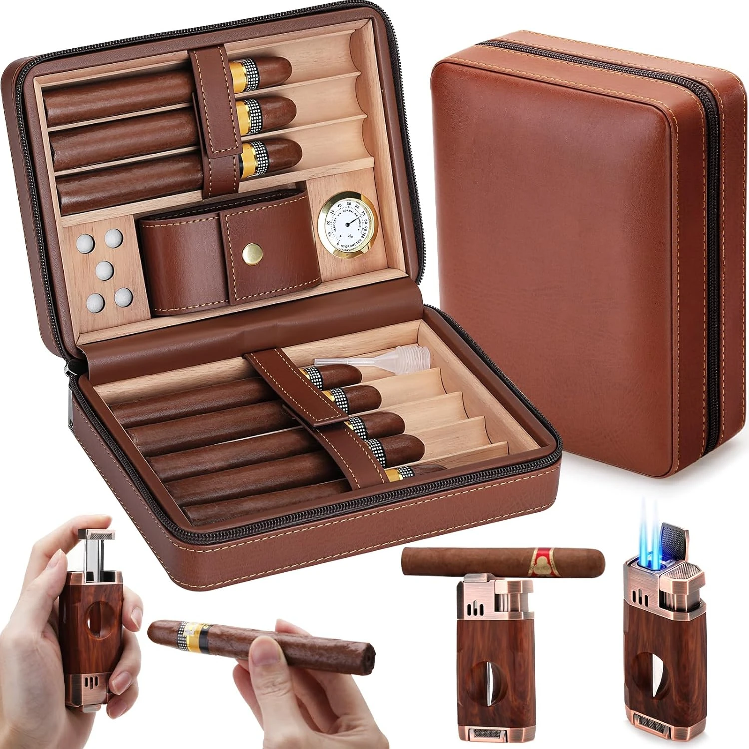 

Portable 8 Cigars Storage Travel Cigar Humidor Case with Multifunctional Lighter/ Optimal Humidity Control for Cigars for Men