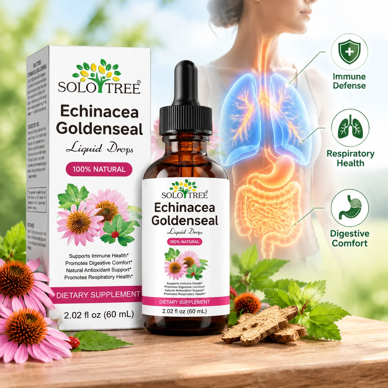 Echinacea Goldenseal Liquid Drops for Respiratory Health, Digestive Comfort & Immune Defense Herbal Formula for Adults 60mL