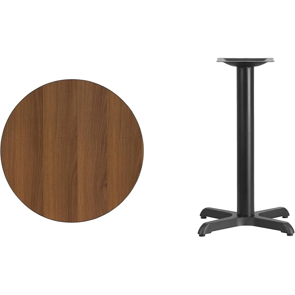 24'' Round Walnut Laminate Hospitality Table Top with 22'' x 22'' Height Base Black T-Mold Protective Edging Easy Care Durable