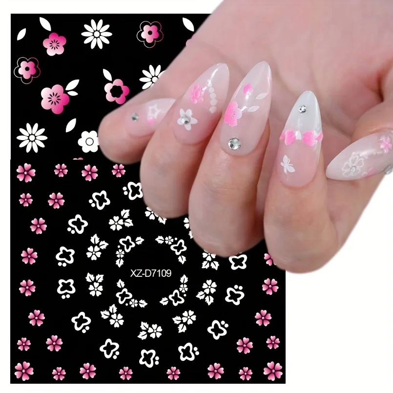 30 pegatinas de manicura rosas y blancas sin repetir, calcomanías para uñas con patrones surtidos, arte floral