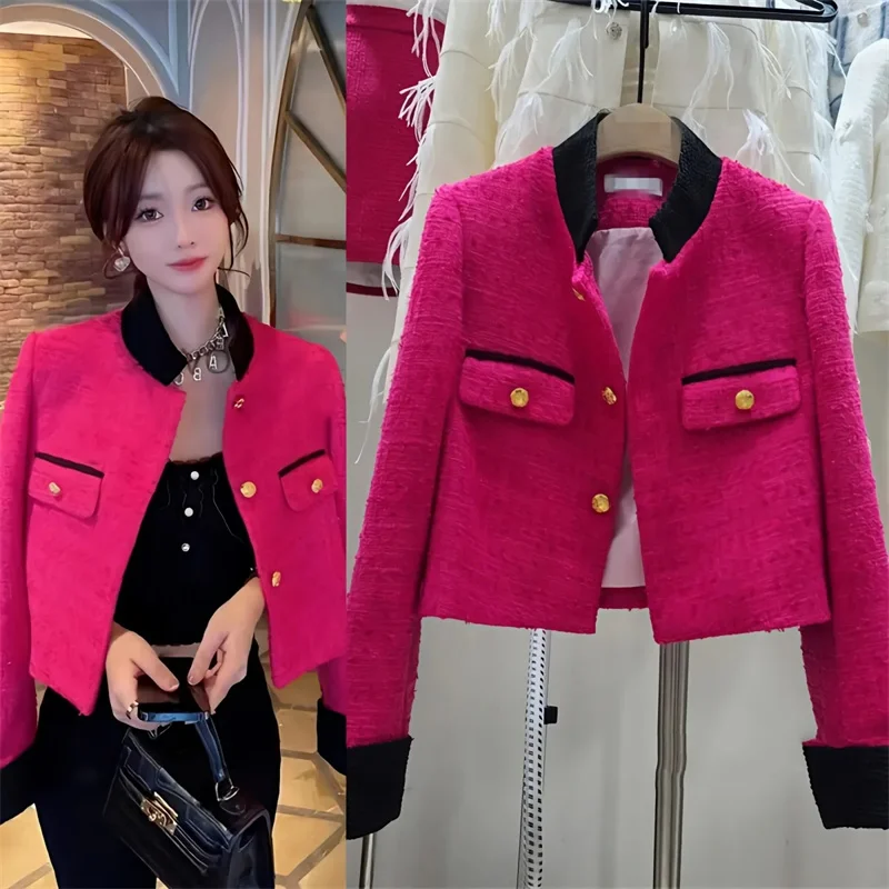 2025 Autumn Female New Rose Red Little Fragrant Coat Women A Niche Short Korean Version With A Small Stand Up Collar Jacket