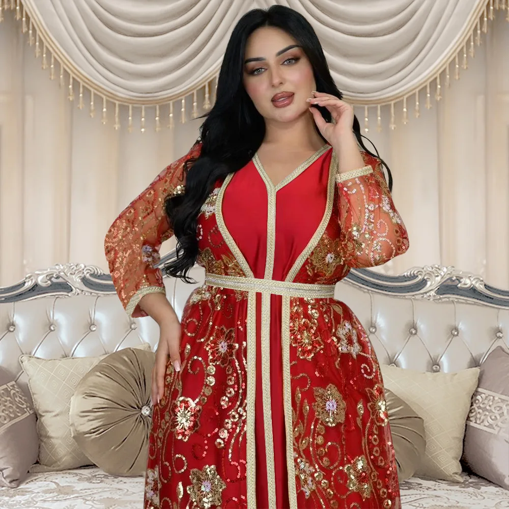 女性用モロッコカフタン2点セット,ロングドレス,スパンコール,花柄,イスラム教徒,ドバイ,アバヤ,カフタン,ウェディング,新作コレクション,2020
