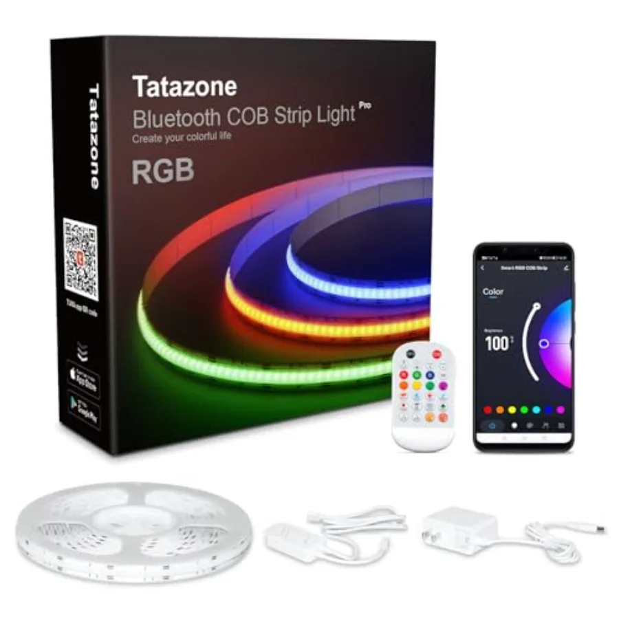 Bluetooth RGB COB Led Strip Lights with Remote, Dimmable Smart App Led COB Light Strip, Color Changing Music Sync, Indoor RGB L