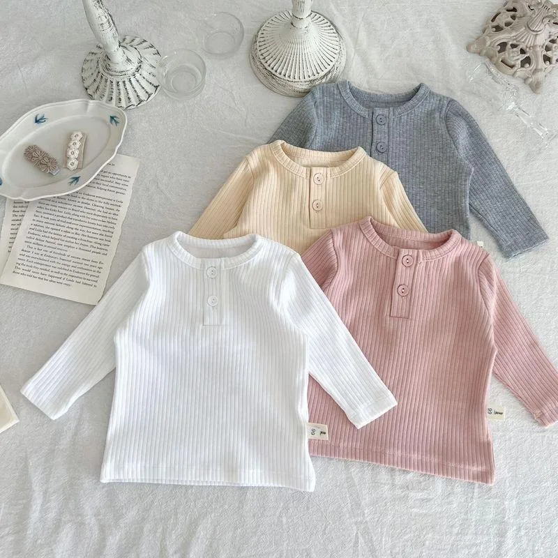Baby Spring Autumn Ribbed Cotton Blend Round Neck Tee Unisex Infant Toddler Long Sleeve Solid Soft Basic Casual Top Daily Shirt