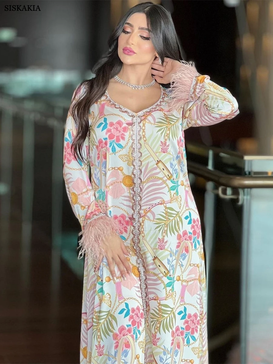 Siskakia Dubai V-Neck Feathers Long Sleeve Loose Dress Floral Print Diamonds Moroccan Turkish Islamic Arab Elegant Fashion Dress