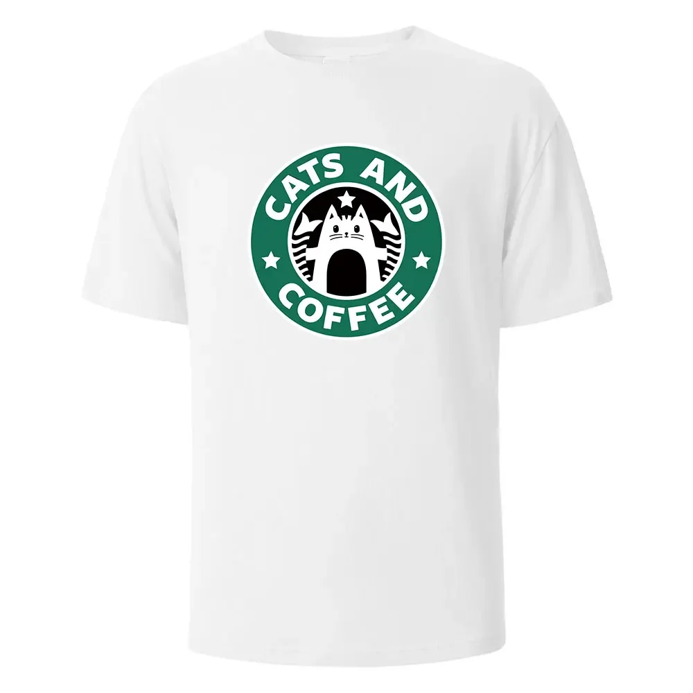 Cats And Coffee Street Funny T-Shirt For Men Fashion Casual Loose Cotton Clothing Crewneck Breathable Tshirt Hip Hop Tees