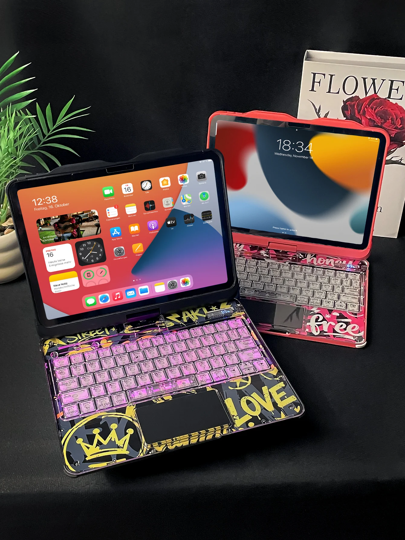 360° Rotatable Transparent Graffiti iPad Keyboard Cover, RGB Backlit Trackpad Case with Hidden Pencil Slot for IPad10/iPad11