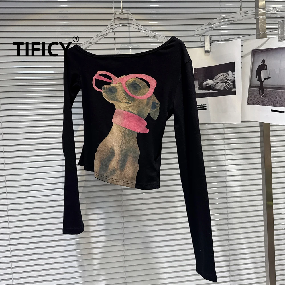 

High Street Spring New Street T-shirt Women's Cartoon Dog Print Slanted Shoulder Long Sleeved T-shirt Tops