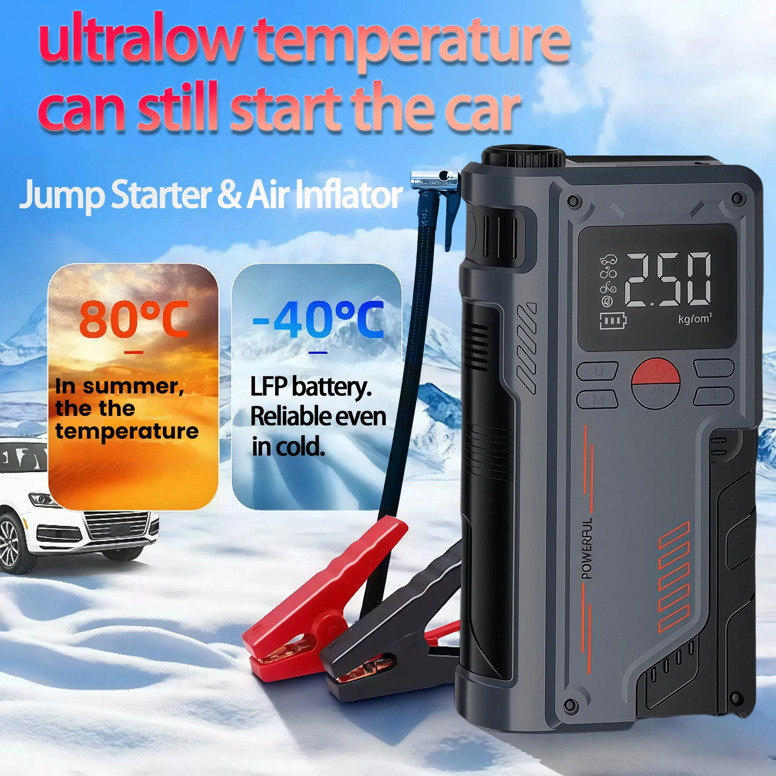 

Outdoor Car Emergency Essential，12V Jump Starter - Built-In Air Compressor, Lead-Acid Battery Boost & Tire Monitoring for SUV