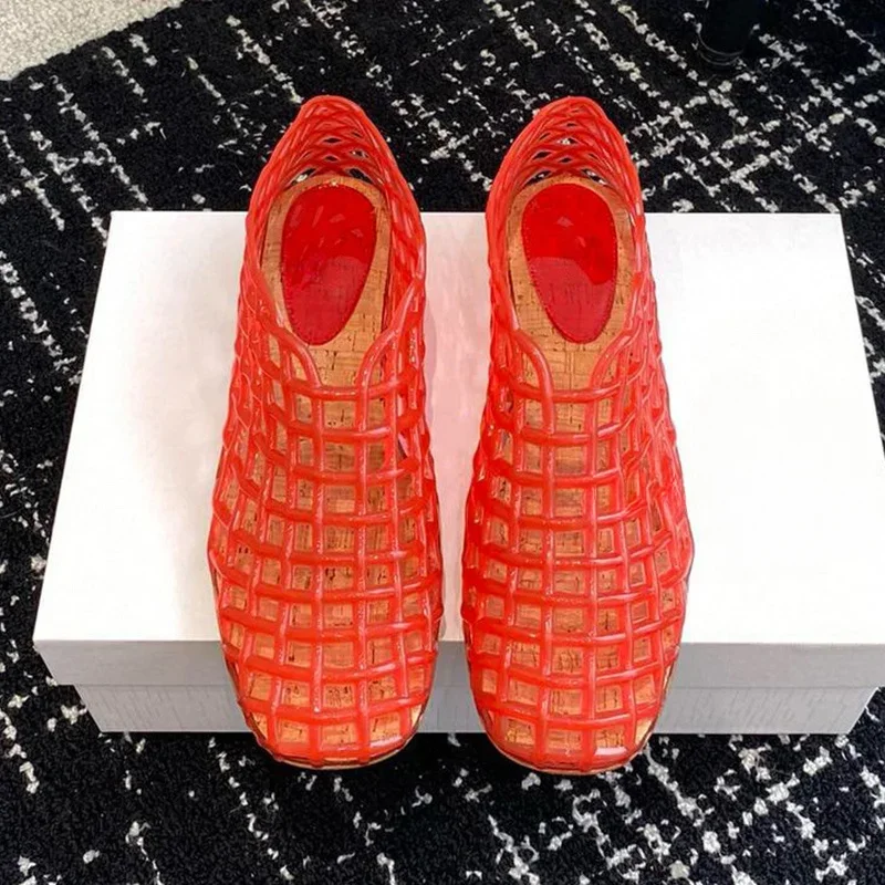 Nowe tkane siatkowe mieszkania baletowe sandały damskie Fashion Design plastikowe galaretki pojedyncze buty okrągłe Toe przezroczyste puste buty na