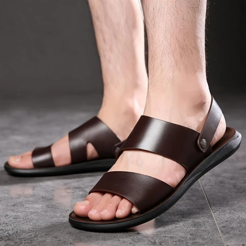 38-48 man sandals leather comfortable shoes for man slides beach sandals barefoot designer shoes sandalias hombre black brown