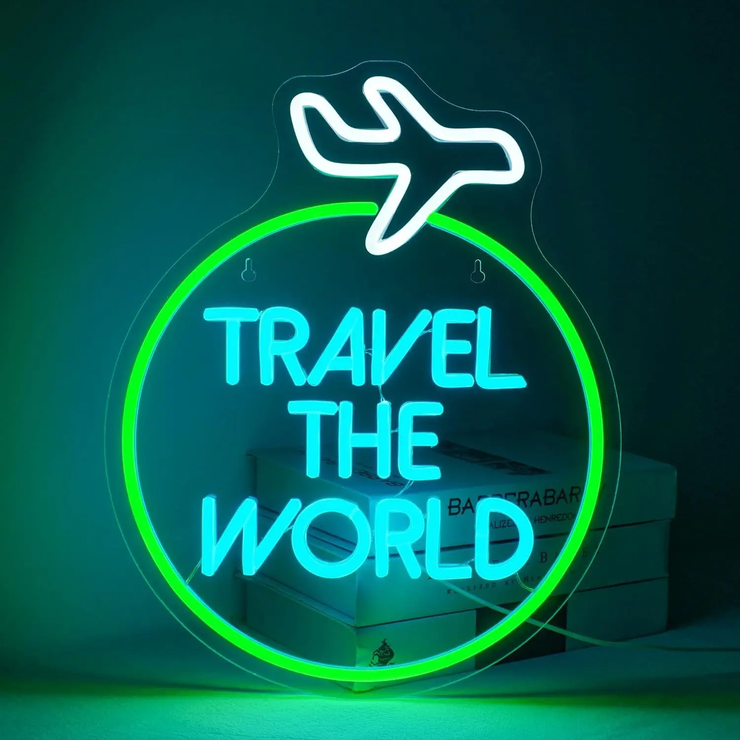 Travel The World Neon Sign Airplane Globe LED USB Powered Dimmable Wall Art for Travel Agency Bedroom Living Room Decor