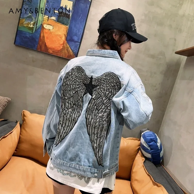 

Denim Coat Jacket Heavy Wings Men's And Women's Same Style Embroidered Hot Fix Rhinestone Trendy Single-breasted Jeans Outwear