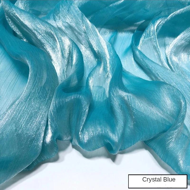 Organza Glitter Crepe Fabric By The Meter for Hanfu Skirt Clothing Dress Sewing Silver Extile Sequined Blue Cloth Cationic tulle