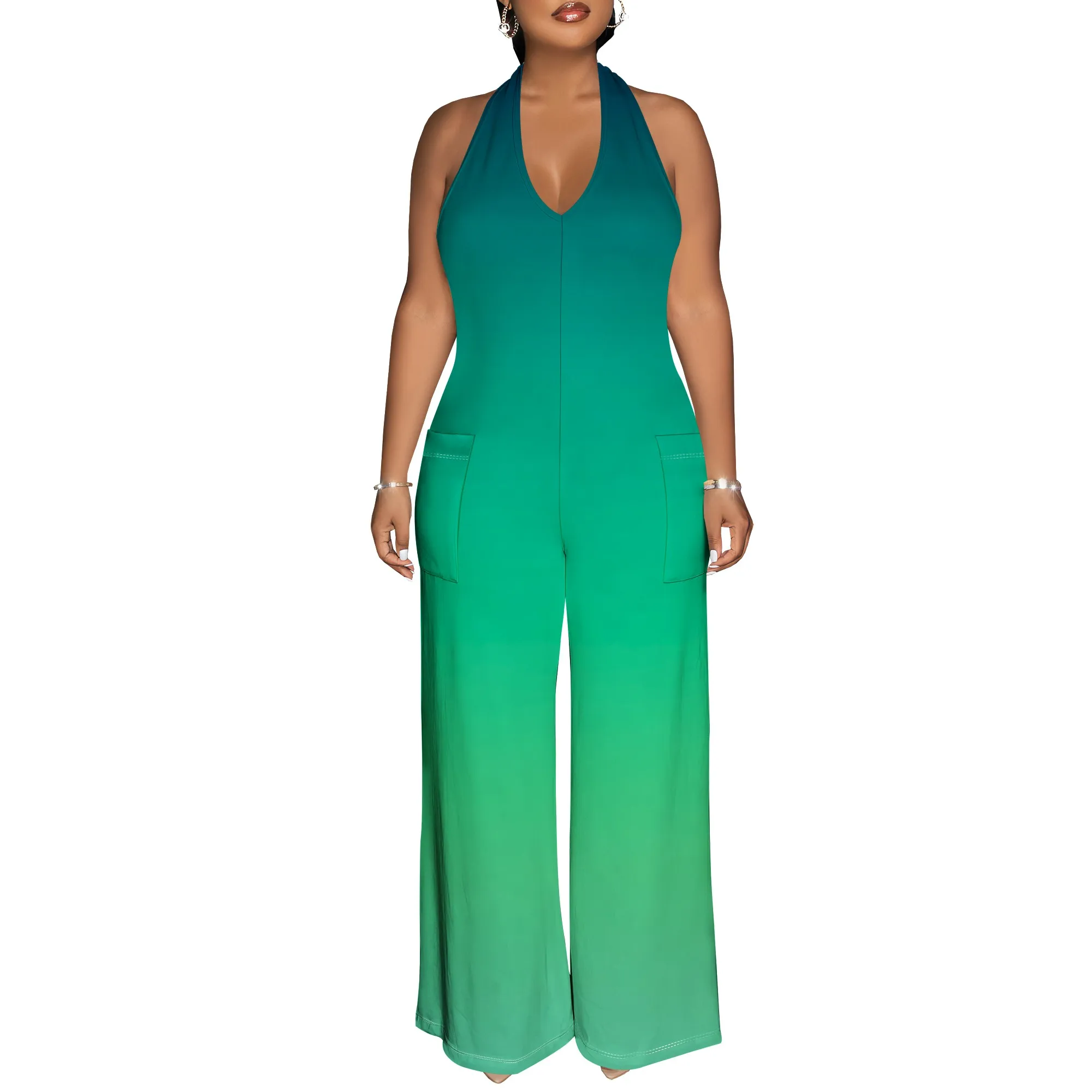 Mono bohemio informal sin mangas con cuello halter para mujer, monos de fiesta de viaje con estampado de pierna ancha y bolsillos