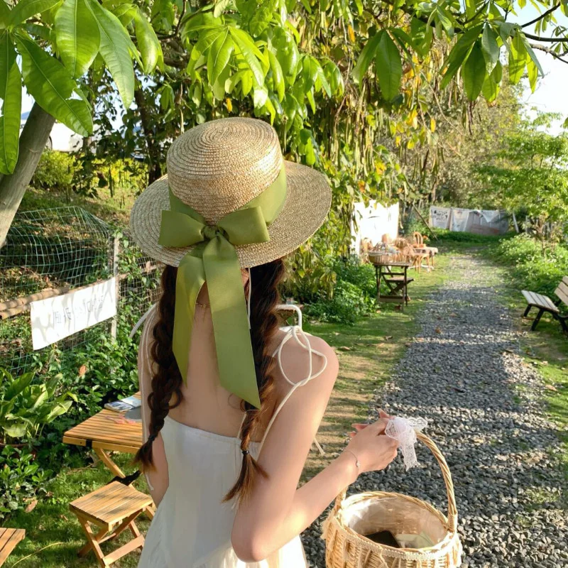 Franse Groene Strik Japanse Kleine Frisse Platte Top Strooien Hoed, 프knopen