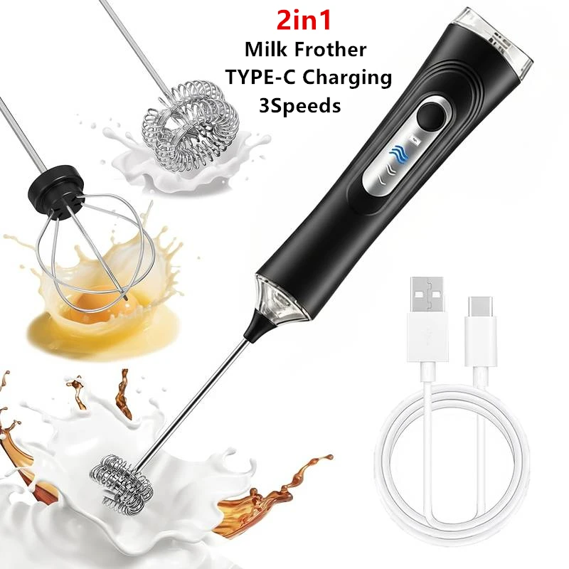 Espumador de Leche Eléctrico + Batidor de Huevos Inalámbrico con Carga Tipo-C, 3 Velocidades, Mini Espumador de Mano, Batidor de Café, Utensilios de Cocina