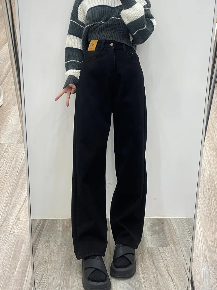 Thiened Fce المرأة الجينز الخريف الشتاء حجم كبير فضفاض مستقيم الساق بنطال ذو قصة أرجل واسعة الكمثرى القرد الجسم التخسيس بنطلون