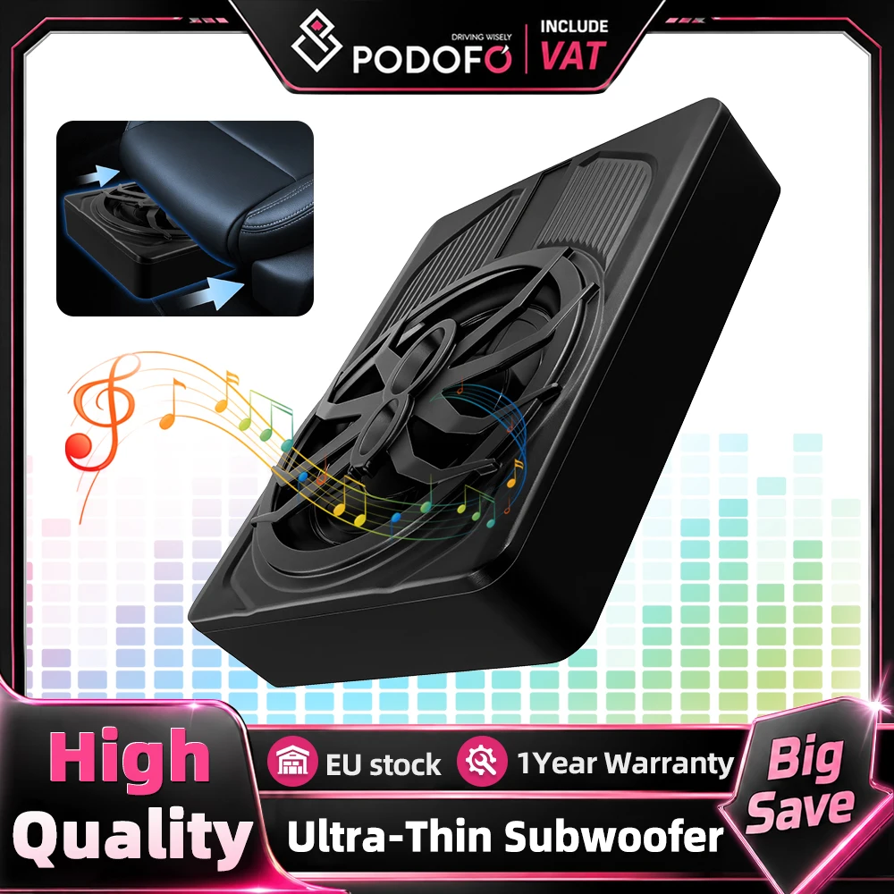 Podofo 10 Zoll Ultra-Dünner Aktiver Auto-Subwoofer 1000W Schlanker Untersitz-Bass-Subwoofer Komplettes Verstärker-Kit mit Verkabelung für Auto-Innenraum-Audio
