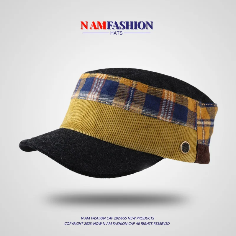 New Plaid Colorblock Flat-Top Cap Short Brim Warm Men and Women Same Style Youth Hat Korean Hat Women