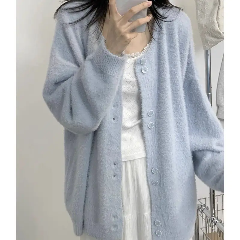 

Blue Mink Fur Loose Lazy Style Mid-Length Sweater Coat Women, Autumn And Winter Korean Style Fluffy Knitted Cardigan